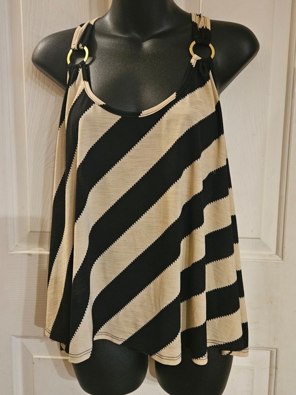 Striped Black and Cream Ring-Shoulder Swing Tank Top
